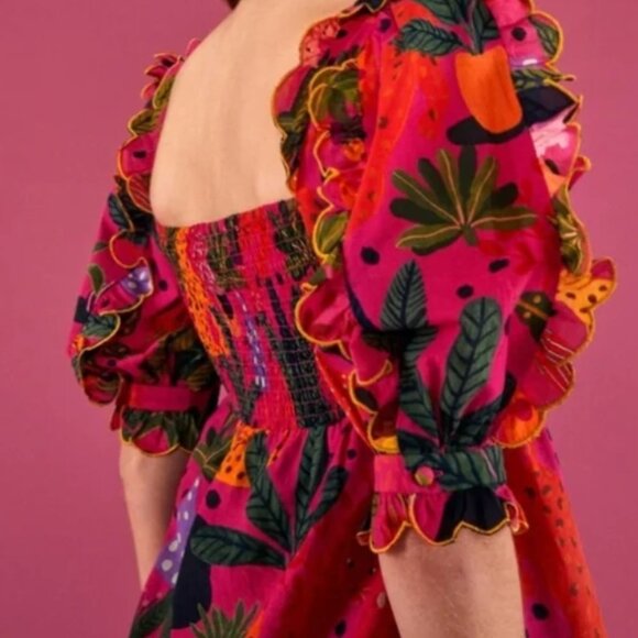 NWOT Farm Rio Pop Leopards Short Puff Sleeves Ruffles Pink Blouse Size XS $160 - Picture 5 of 11